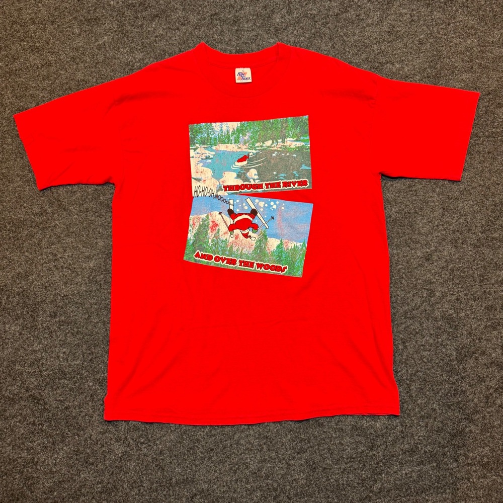 Vintage Fun Tees Santa Skiing Graphic T-Shirt Red XL Made in USA 90s Christmas